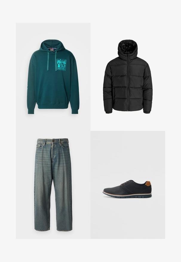 Črna puf jakna z zadrgo spredaj, kapuco in elastičnimi manšetami. Narejena iz gladkega, vremensko odpornega materiala s prešitim dizajnom.; Turkizna kapuca s sprednjim žepom, nastavljivim vrvico za kapuco in zaslonsko natisnjeno grafiko na levem prsnem delu. Mehka, teksturirana tkanina.; Svetlomoderne kavbojke z ohlapnim krojem, srednjim pasom in ravnimi nogami. Imajo pet žepov, zanke za pas in zapiranje na gumb.; Črne sintetične čevlje z teksturirano zgornjščino, gladkimi akcenti, rjavim petnim delom in kontrastnim podplatom. Imajo minimalno vezanje in detajle šivanja.