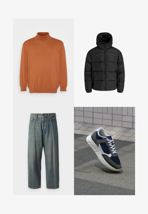 Juodas pūkuotas džemperis su užtrauktuku, kapišonu ir elastinėmis rankovėmis. Pagamintas iš glotnių, oro sąlygoms atsparių medžiagų su siuvinėjimo raštu.; Jack & Jones JJEEMIL ROLL NECK - Džemperis - mocha bisque; Šviesiai mėlyni džinsai su laisvu siluetu, vidutinio aukščio juosmeniu ir tiesiomis kojomis. Su penkiais kišenėmis, diržo kilpo ir mygtukų uždarymu.; Sportiniai bateliai su tamsiai mėlynu tinkliniu viršumi, pilkais zomšiniais akcentais, balta guma padanga ir plokščiomis baltomis raištelėmis, sukurti komfortui ir oro pralaidumui.