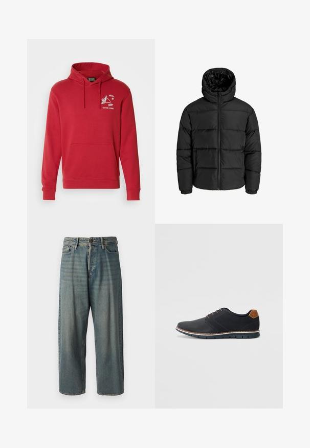 Doudoune noire avec fermeture éclair à l'avant, capuche et poignets élastiques. Fabriquée en matériau lisse et résistant aux intempéries avec un design matelassé.; Sweatshirt en coton rouge avec poche kangourou, capuche à cordon de serrage et impression graphique blanche sur la poitrine mettant en avant un design géométrique.; Jeans en denim bleu clair avec une coupe ample, taille mi-haute et jambes droites. Comprend cinq poches, des passants de ceinture et une fermeture à bouton.; Chaussures synthétiques noires avec un dessus texturé, accents lisses, talon marron et semelle contrastante. Présente un laçage minimal et des détails de couture.