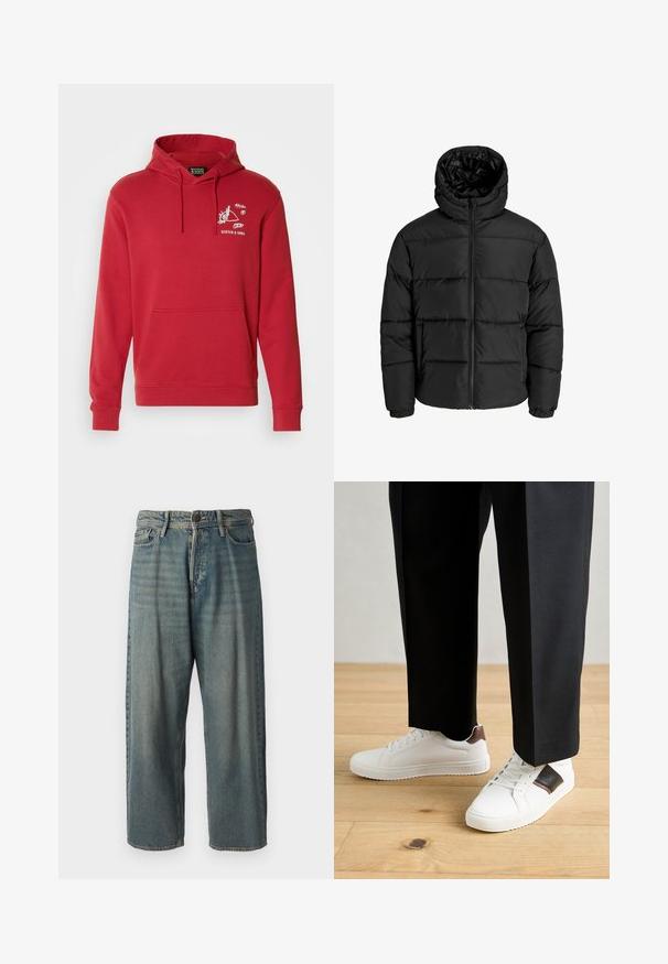 Black puffer jacket with a zip front, hood, and elastic cuffs. Made of smooth, weather-resistant material with a quilted design.; Red cotton hoodie with a kangaroo pocket, drawstring hood, and white graphic print on the chest featuring a geometric design.; Light blue denim jeans with a loose fit, mid-rise waist, and straight legs. Features five pockets, belt loops, and a button closure.; White sneakers with smooth texture, featuring brown leather accents and black detailing, paired with black tailored pants. Wooden floor background.