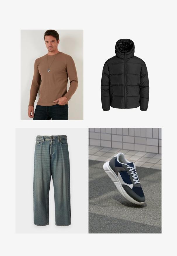 Črna puf jakna z zadrgo spredaj, kapuco in elastičnimi manšetami. Narejena iz gladkega, vremensko odpornega materiala s prešitim dizajnom.; Rjava rebrasta dolgesleeve majica iz teksturiranega blaga, s krožnim izrezom in oprijetim krojem, združena z temnimi kavbojkami.; Svetlomoderne kavbojke z ohlapnim krojem, srednjim pasom in ravnimi nogami. Imajo pet žepov, zanke za pas in zapiranje na gumb.; Superge z zgornjim delom iz mrežaste tkanine v mornarsko modri barvi, sivi usnjeni poudarki, belo gumijasto podplato in ravnimi belimi vezalkami, zasnovane za udobje in zračnost.