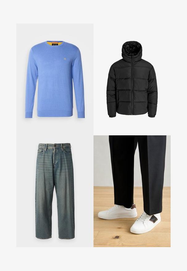 Melna pūkaina jaka ar rāvējslēdzēju priekšā, kapuci un elastīgām piedurknēm. Izgatavota no gludas, laika apstākļiem izturīgas materiāla ar kviltēta dizainu.; Gaiši zils adīts džemperis ar garām piedurknēm, apaļu kaklu; tam ir neliels zelta emblēma uz krūšu daļas un kontrastējošs dzeltens iekšējais kakls.; Gaiši zili džinsi ar brīvu piegriezumu, vidējo jostas augstumu un taisnām kājām. Satur piecas kabatas, jostas cilpas un pogu aizdari.; Baltā pārsoļa apavi ar gludu tekstūru, papildināti ar brūniem ādas akcentiem un melniem elementiem, savienoti ar melnām pielāgotām biksēm. Koka grīdas fons.