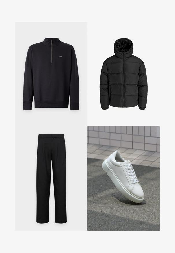 Fekete puffernadrág cipzárral, kapucnival és elasztikus mandzsettával. Simább, időjárásálló anyagból készült, steppelt kialakítással.; Fekete pulóver magas gallérral és negyed cipzárral. Hosszú ujjakkal és diszkrét logóval a mellkason. Simább szövettextúra.; Fekete nadrág sima anyagból, egyenes szárú fazonnal, két elülső redővel és közönséges derékkal, övhurkokkal.; Fehér bőr sportcipő sima felülettel, kerek orral és lapos fehér fűzőkkel. Texturált gumitalppal és minimális dizájnelemekkel rendelkezik.