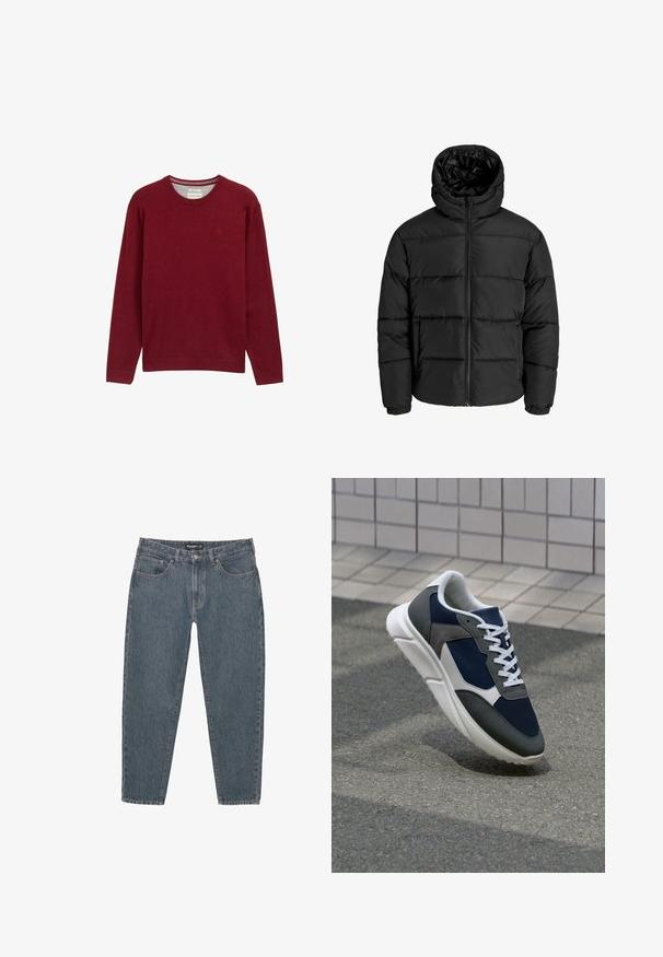 Crna puf jakna s zatvaračem sprijeda, kapuljačom i elastičnim manžetama. Napravljena od glatkog, vremenski otpornog materijala s kvadratnim dizajnom.; Bordo pulover s okruglim izrezom od mekog materijala. Dugi rukavi i rebrasti rubovi s malim logotipom na prsima. Glatka tekstura.; Tamno plave traperice s opuštenim krojem, dizajnom od pet džepova, kopčanjem na dugme i lagano oštrim rubom. Izdržljiv materijal s suptilnom teksturom.; Tenisice s gornjim dijelom od mrežastog materijala tamnoplave boje, siva antilopova naglašavanja, bijela gumena potplat i ravne bijele vezice, dizajnirane za udobnost i prozračnost.
