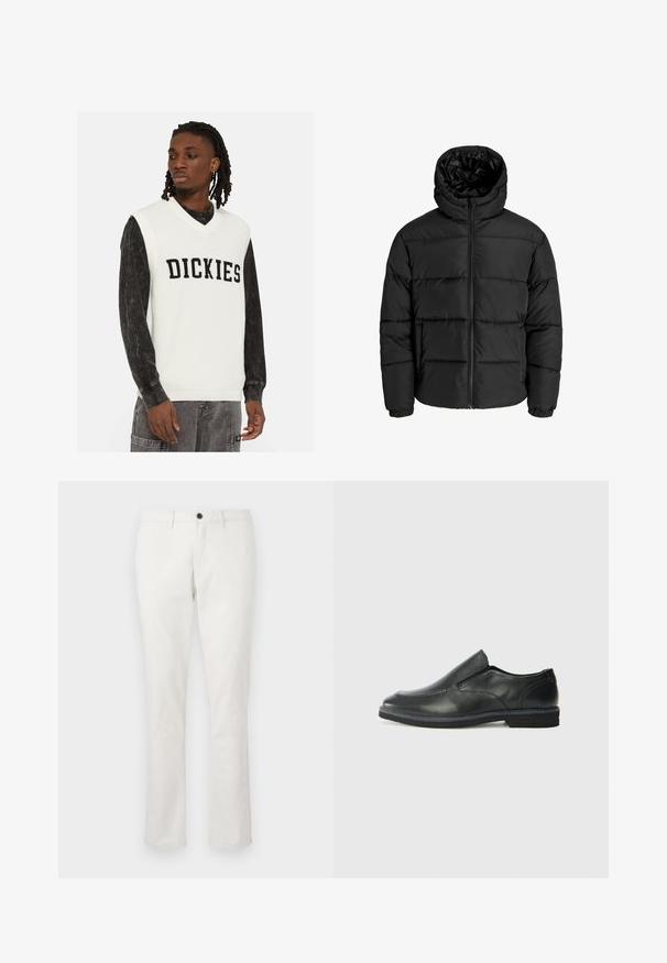 Čierna nadýchaná bunda s predným zipsom, kapucňou a elastickými manžetami. Vyrobená z hladkého, poveternostným podmienkam odolného materiálu s prešívaným dizajnom.; Biely pletený sveter s výstrihom do V, s nápisom "DICKIES" tučnými čiernymi písmenami. Nosený na čiernej dlhý rukáv tričku.; Jack & Jones PREMIUM JPSTMARCO DAVE - Nohavice chinos - antique white; Čierny kožený nazúvací topánka s hladkým zvrškom, prešitými akcentmi, zaoblenou špičkou a nízkym gumovým podpätkom. Podošva má minimálny dezén.