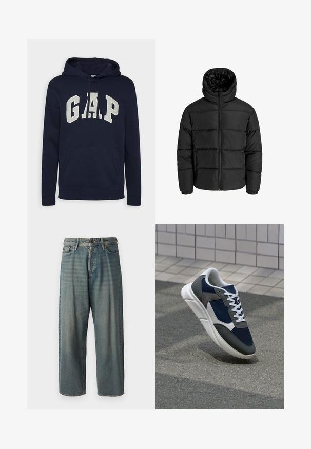 Giubbotto imbottito nero con zip frontale, cappuccio e polsini elastici. Realizzato in materiale liscio e resistente alle intemperie con un design trapuntato.; Felpa in cotone blu navy con un grande logo "GAP" grigio chiaro, tasca a marsupio frontale e lacci per il cappuccio. Design classico con polsini a costine.; Jeans di denim azzurro chiaro con vestibilità ampia, vita media e gambe dritte. Presenta cinque tasche, passanti per cintura e chiusura con bottone.; Sneaker con tomaia in rete blu navy, inserti in suede grigio, suola in gomma bianca e lacci bianchi piatti, progettata per comfort e traspirabilità.