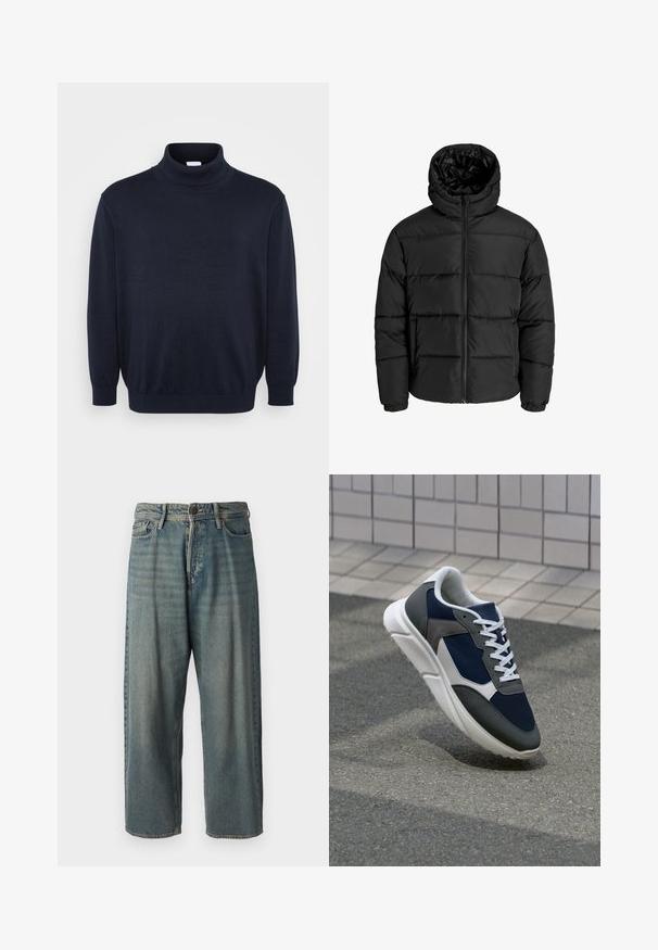 Doudoune noire avec fermeture éclair à l'avant, capuche et poignets élastiques. Fabriquée en matériau lisse et résistant aux intempéries avec un design matelassé.; Jack & Jones JJEBASIC ROLL NECK - Pullover - navy; Jeans en denim bleu clair avec une coupe ample, taille mi-haute et jambes droites. Comprend cinq poches, des passants de ceinture et une fermeture à bouton.; Baskets avec une tige en mesh bleu marine, des accents en suède gris, une semelle en caoutchouc blanc et des lacets plats blancs, conçues pour le confort et la respirabilité.