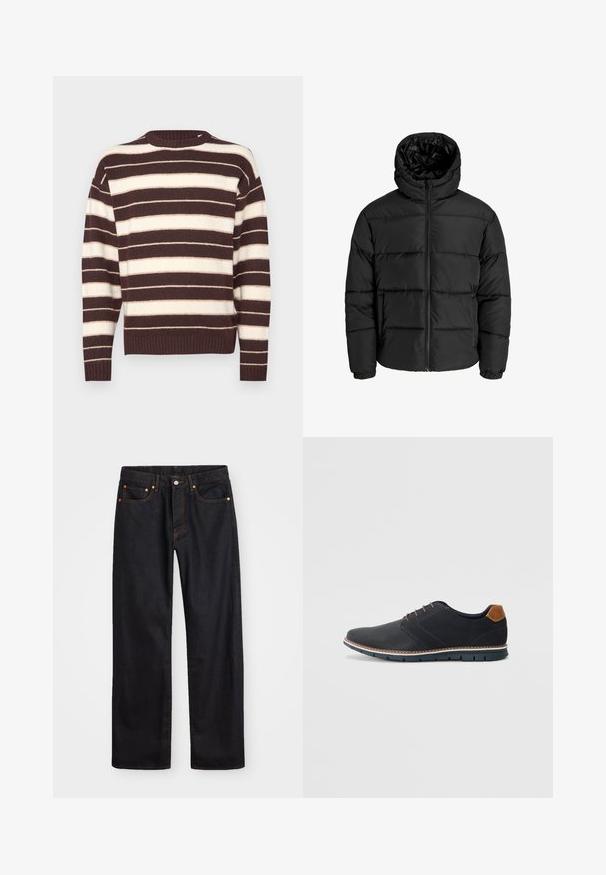 Black puffer jacket with a zip front, hood, and elastic cuffs. Made of smooth, weather-resistant material with a quilted design.; Brown and cream striped knit sweater with a crew neckline and ribbed cuffs. Soft texture; relaxed fit.; Men’s straight-leg black denim jeans with five pockets and orange stitching, button and zip closure on front waistband.; Black synthetic shoes with a textured upper, smooth accents, brown heel, and a contrasting sole. Features minimal lacing and stitch details.