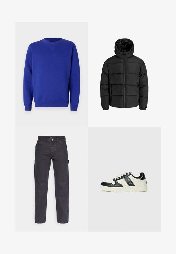 Černá péřová bunda s předním zipem, kapucí a elastickými manžetami. Vyrobena z hladkého, voděodolného materiálu s prošívaným vzorem.; Modrá mikina s kulatým výstřihem a žebrovanými manžetami. Vyrobena z měkké tkaniny s hladkou strukturou a decentním logem na hrudi.; Tmavě šedé cargo kalhoty vyrobené z odolné látky, s rovnými nohavicemi, pěti kapsami a knoflíkovým zapínáním v pase.; Kožené tenisky s černobílou barevnou kombinací, které mají perforované detaily, polstrovaný límec a texturovanou podrážku.
