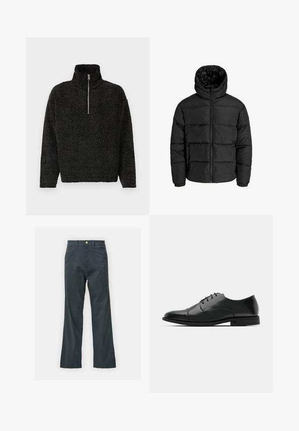 Černá péřová bunda s předním zipem, kapucí a elastickými manžetami. Vyrobena z hladkého, voděodolného materiálu s prošívaným vzorem.; Černý fleecový pulovr s vysokým límcem a čtvrtinovým zipem na přední straně. Má měkkou, texturovanou látku a long rukávy.; Černé kalhoty s rovnými nohavicemi, vyrobené z bavlněné směsi. Mají kovové zapínání a boční kapsy. Bez viditelných vzorů.; Černé kožené společenské boty s kulatou špičkou, šněrováním, jemnými švy a nízkým podpatkem. Hladký povrch s lesklým finišem.