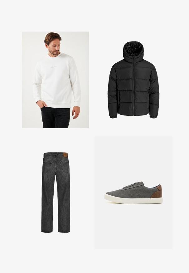 Melna pūkaina jaka ar rāvējslēdzēju priekšā, kapuci un elastīgām piedurknēm. Izgatavota no gludas, laika apstākļiem izturīgas materiāla ar kviltēta dizainu.; Balta krekla jaka, kas izgatavota no kokvilnas maisījuma auduma, ar apaļu kaklu, garām piedurknēm un mazu pelēku logotipa akcentu uz krūtīm.; Melnas džinsa bikses ar taisnu kāju dizainu, piecu kabatu stilu un brūnu ādas uzšuvumu jostasvietā. Tekstūrēta auduma ar šuvju detaļām.; Pelēki auduma sporta apavi ar baltu gumijas zoli un brūnu ādas akcentu uz papēža, kas tiks aprakstīti ar pelēkām šņorēm un smalkiem dūrieniem.