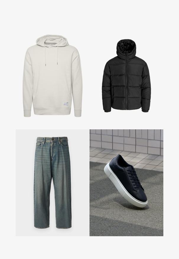 Giubbotto imbottito nero con zip frontale, cappuccio e polsini elastici. Realizzato in materiale liscio e resistente alle intemperie con un design trapuntato.; Hoodie beige chiaro realizzato in tessuto morbido, con tasca frontale a marsupio, cappuccio con lacci e polsini a costine. Include un piccolo dettaglio con etichetta.; Jeans di denim azzurro chiaro con vestibilità ampia, vita media e gambe dritte. Presenta cinque tasche, passanti per cintura e chiusura con bottone.; Sneaker in pelle nera con punta arrotondata e suola in gomma bianca. Presenta lacci piatti e cuciture minime sulla parte superiore. Suola testurizzata per una migliore aderenza.