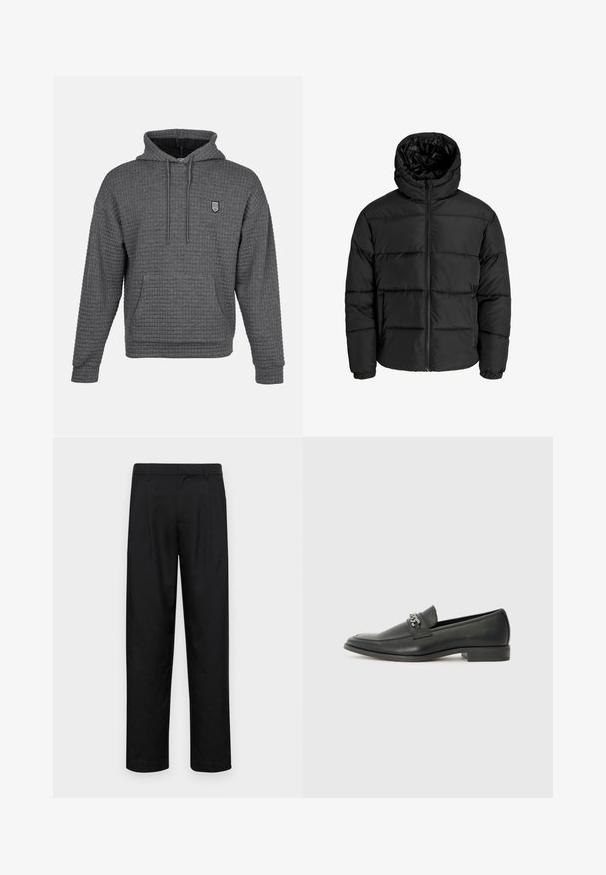 Melna pūkaina jaka ar rāvējslēdzēju priekšā, kapuci un elastīgām piedurknēm. Izgatavota no gludas, laika apstākļiem izturīgas materiāla ar kviltēta dizainu.; Pelēks sporta džemperis ar strukturētu, vafeļu adījuma dizainu. Iespējas: priekšējā kabata, regulējams kapuce ar auklu un neliels izšūts logo.; Melnas bikses, izgatavotas no gludas auduma, ar taisnu kāju dizainu, divām priekšējām krokām un standarta jostu, kurai ir āķi.; Melna ādas loafer izmēra apavi ar gludu virsmu, piedāvā ar šūtu dizainu un dekoratīvu metāla ķēdes akcentu pār vampu. Plakana papēža daļa.