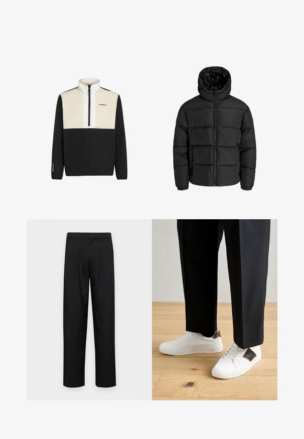 Black puffer jacket with a zip front, hood, and elastic cuffs. Made of smooth, weather-resistant material with a quilted design.; Black and cream pullover with a quarter zip and high collar. Features logo on chest and elastic cuffs. Made from soft fabric, includes Polartec branding.; Black trousers made of smooth fabric, featuring a straight-leg design, two front pleats, and standard waistband with belt loops.; White sneakers with smooth texture, featuring brown leather accents and black detailing, paired with black tailored pants. Wooden floor background.