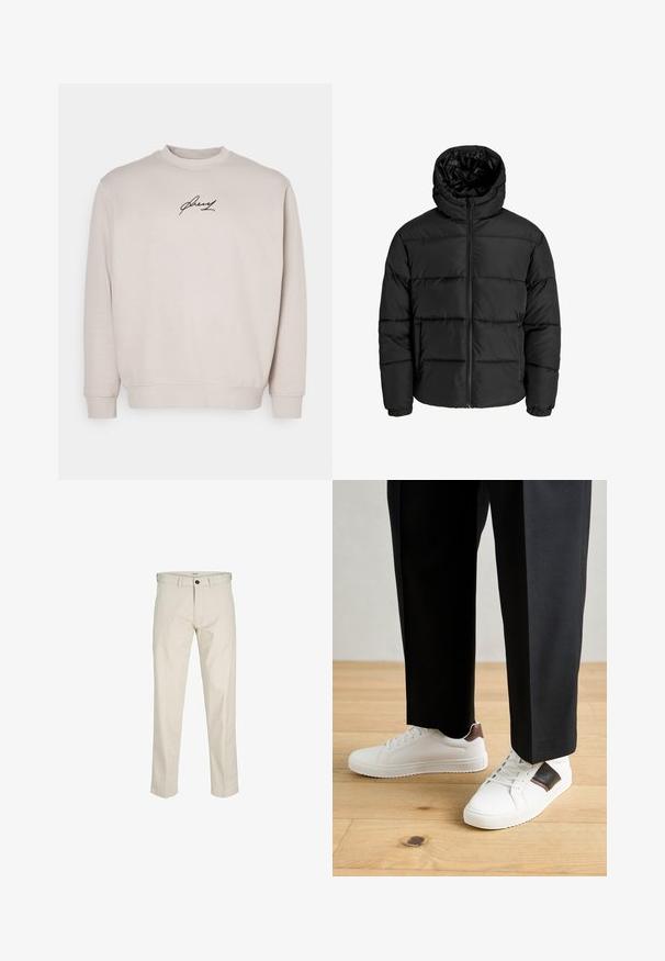 Black puffer jacket with a zip front, hood, and elastic cuffs. Made of smooth, weather-resistant material with a quilted design.; Beige sweatshirt made from soft fabric features a round neck, long sleeves, and a black embroidered logo on the chest. Regular fit.; Beige cotton trousers with a straight fit, button fly, front pockets, and stitched seams. Smooth texture, minimal detailing, and no patterns.; White sneakers with smooth texture, featuring brown leather accents and black detailing, paired with black tailored pants. Wooden floor background.