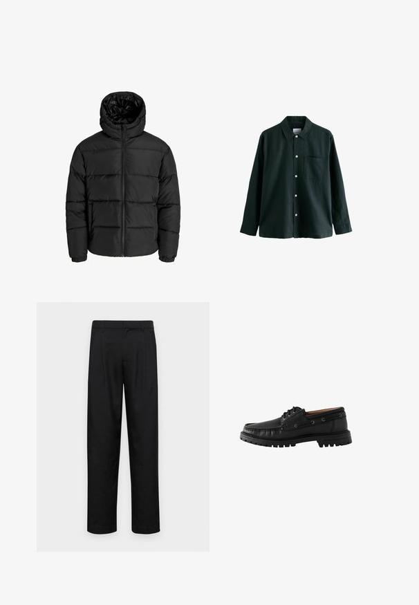 Melna pūkaina jaka ar rāvējslēdzēju priekšā, kapuci un elastīgām piedurknēm. Izgatavota no gludas, laika apstākļiem izturīgas materiāla ar kviltēta dizainu.; Tumši zaļš krekls ar apkakli, garām piedurknēm un vienu krūšu kabatu; ir baltas pogas un maiga tekstūra.; Melnas bikses, izgatavotas no gludas auduma, ar taisnu kāju dizainu, divām priekšējām krokām un standarta jostu, kurai ir āķi.; Melnas ādas laivu kurpes ar noapaļotu purngalu, auklu dizainu un teksturētu gumijas zoli. Iekļautas šuvju akcenti un metāla acs.