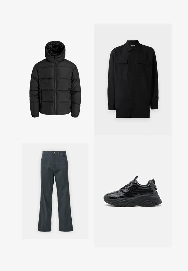 Černá péřová bunda s předním zipem, kapucí a elastickými manžetami. Vyrobena z hladkého, voděodolného materiálu s prošívaným vzorem.; Černá košile na knoflíky vyrobená z hladké tkaniny, s klasickým límcem, dvěma předními kapsami a dlouhými rukávy s knoflíkovými manžetami.; Černé kalhoty s rovnými nohavicemi, vyrobené z bavlněné směsi. Mají kovové zapínání a boční kapsy. Bez viditelných vzorů.; Černé tenisky s lesklým lakovaným povrchem, vybavené masivní podrážkou a texturovaným designem. Přítomny jsou tkaničky a poutko pro snadné obouvání.