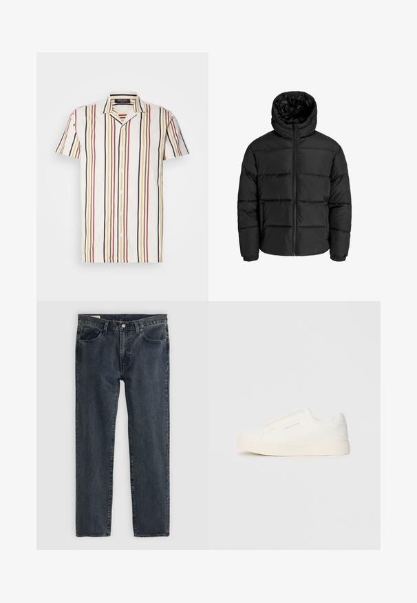 Sort foret jakke med lynlås foran, hætte og elastiske manchetter. Lavet af glat, vejrbestandigt materiale med en quiltet design.; Kortærmet skjorte med knapper i hvid med lodrette striber i rød, gul og marineblå. Har en klippet krave og letvægtsstof.; Mørkeblå denimjeans med lige ben-design, fem lommer og knap-lynlås. Stoffet viser en subtil falmning og tekstur.; Hvide slip-on sneakers med en struktureret overflade, en tyk sål og et minimalistisk design. Har brandlogoet på siden.