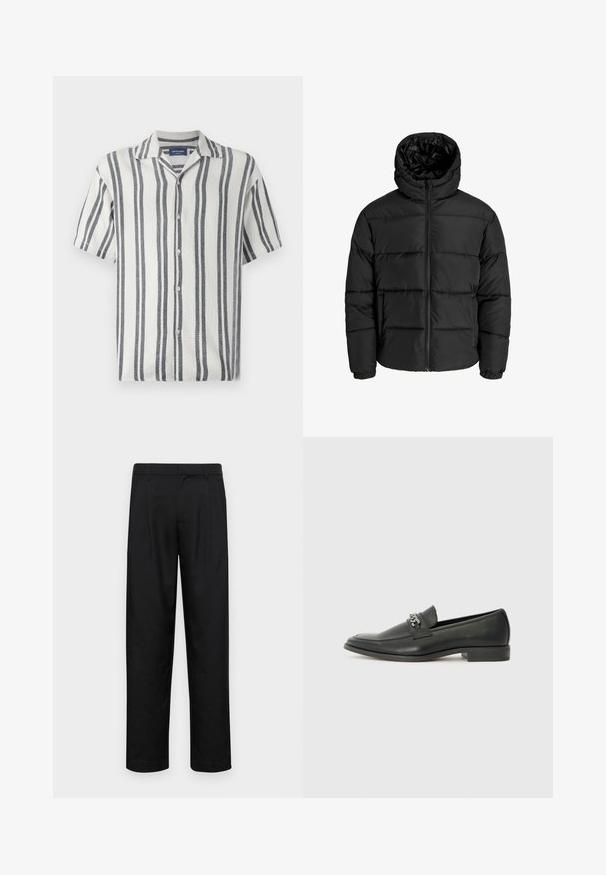 Svart puffjacka med dragkedja fram, huva och elastiska ärmmuddar. Tillverkad av slätt, väderbeständigt material med en quiltad design.; Kortärmad skjorta i texturerad tyg med vita och marinstreifen vertikala ränder, med en notch-krage och knappstängning.; Svarta byxor i slät väv, med rak ben-design, två framfickor och standardmidja med bälteshällor.; Svart läderloafers med en slät yta, med en sydd design och en dekorativ metallkedjeaccent över västen. Platt häldesign.