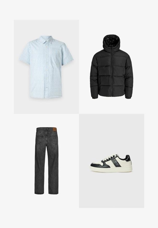 Sort foret jakke med lynlås foran, hætte og elastiske manchetter. Lavet af glat, vejrbestandigt materiale med en quiltet design.; Kortærmet skjorte med knapper i lys blå med firkantet mønster. Lavet af stof med en glat tekstur og en enkelt brystlomme.; Sorte denimjeans med lige ben-design, fem lomme-stil og et brunt lædermærke ved taljen. Tekstureret stof med syningerdetaljer.; Lædersneakers i sort og creme farveskema, med perforerede detaljer, en polstret krave og en struktureret ydersål.