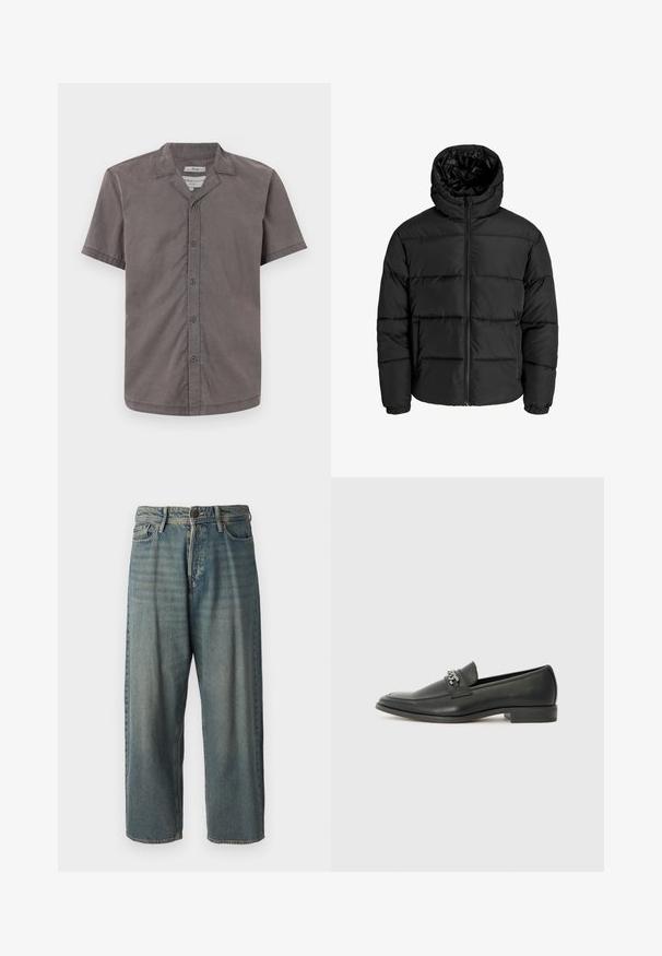 Melna pūkaina jaka ar rāvējslēdzēju priekšā, kapuci un elastīgām piedurknēm. Izgatavota no gludas, laika apstākļiem izturīgas materiāla ar kviltēta dizainu.; Tumši pelēka kreklveida krekls ar īsām piedurknēm, izgatavots no mīksta auduma. Tam ir kempinga apkakle un piecas priekšējās pogas. Gluda tekstūra un brīva piegriezuma.; Gaiši zili džinsi ar brīvu piegriezumu, vidējo jostas augstumu un taisnām kājām. Satur piecas kabatas, jostas cilpas un pogu aizdari.; Melna ādas loafer izmēra apavi ar gludu virsmu, piedāvā ar šūtu dizainu un dekoratīvu metāla ķēdes akcentu pār vampu. Plakana papēža daļa.