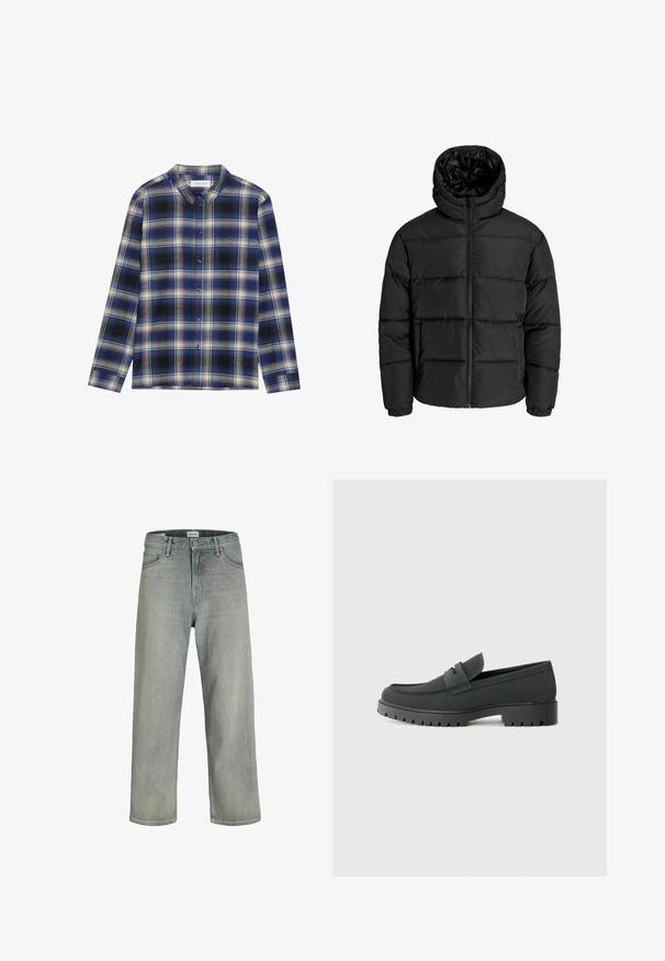 Giubbotto imbottito nero con zip frontale, cappuccio e polsini elastici. Realizzato in materiale liscio e resistente alle intemperie con un design trapuntato.; Camicia a quadri blu e nera con maniche lunghe, dotata di colletto classico e quadrati di colore chiaro in contrasto. Chiusura con bottoni sul davanti.; Jeans grigi chiaro, con vestibilità comoda, realizzati in denim. Presentano un classico design a cinque tasche, passanti per cintura e una silhouette a gamba dritta.; Scarpa mocassino nera con una finitura liscia opaca, caratterizzata da una punta arrotondata e una suola spessa e texturizzata. Accentuata da una fascia anteriore.