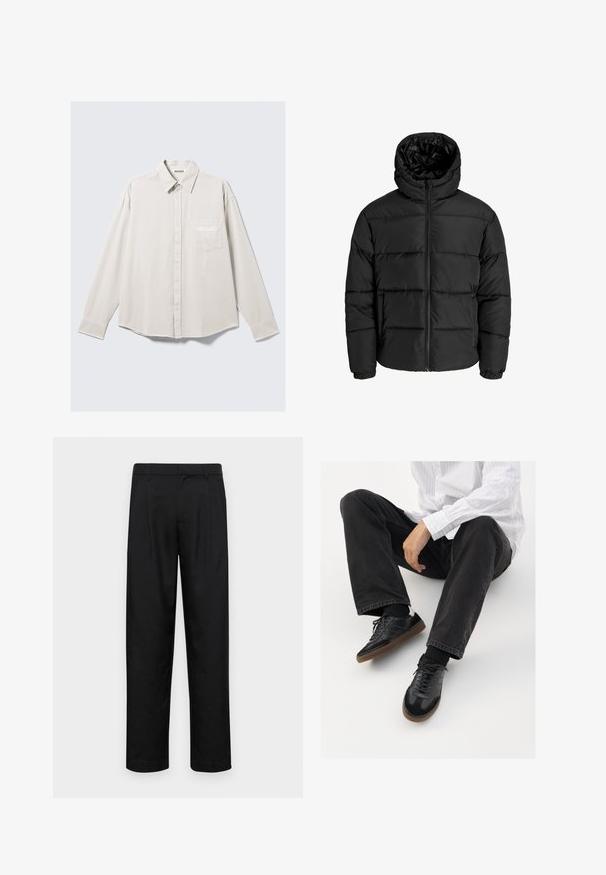 Black puffer jacket with a zip front, hood, and elastic cuffs. Made of smooth, weather-resistant material with a quilted design.; Long-sleeve beige button-up shirt with collar and chest pocket featuring subtle "ATHLETIX DEPT" embroidery.; Black trousers made of smooth fabric, featuring a straight-leg design, two front pleats, and standard waistband with belt loops.; Black sneakers with a smooth and textured upper, featuring a rubber sole and dark laces. Paired with black jeans and a white striped shirt.