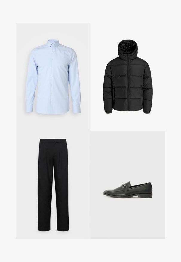 Juodas pūkuotas džemperis su užtrauktuku, kapišonu ir elastinėmis rankovėmis. Pagamintas iš glotnių, oro sąlygoms atsparių medžiagų su siuvinėjimo raštu.; Šviesiai mėlyna mygtukų marškiniai, ilgomis rankovėmis, klasikinis apykaklė, pagaminti iš lygaus audinio, su baltais mygtukais priekyje, minimalus dizainas.; Juodi kelnių modeliai, pagaminti iš lygios medžiagos, turi tiesią kojas, du priekiniai klostės ir standartinę juosmenį su diržo kilpomis.; Juodos odinės loafer tipo bateliai su lygiu paviršiumi, turintys siuvinėtą dizainą ir dekoratyvų metalo grandinėlės akcentą ant batų viršaus. Plokščias kulnas.