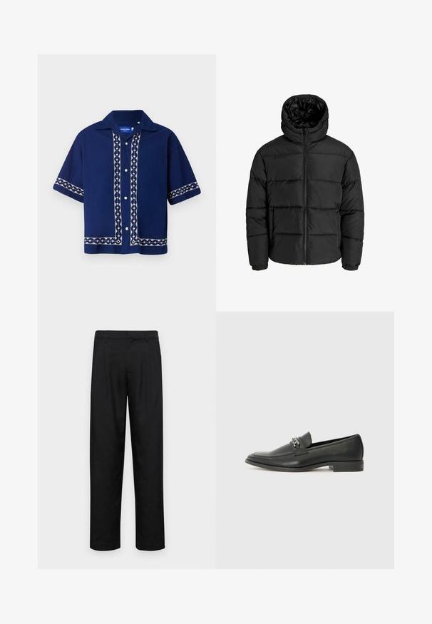 Chaqueta de plumas negra con cierre de cremallera en el frente, capucha y puños elásticos. Hecha de un material suave y resistente a la intemperie con un diseño acolchado.; Camisa de manga corta azul marino con patrones bordados en blanco a lo largo del frente, el cuello y las mangas. Diseño con botones y un ajuste relajado.; Pantalones negros de tela suave, con un diseño de pierna recta, dos pliegues frontales y una cintura estándar con trabillas para el cinturón.; Mocasín de cuero negro con un acabado suave, que cuenta con un diseño de costura y un acento decorativo de cadena de metal en el empeine. Tacón plano.