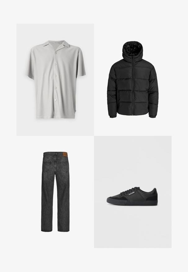 Fekete puffernadrág cipzárral, kapucnival és elasztikus mandzsettával. Simább, időjárásálló anyagból készült, steppelt kialakítással.; Rövid ujjú, világosszürke gombos ing bordás anyagból, laza szabással, gallérral és öt fémgombbal az elején.; Fekete farmernadrág, egyenes szárú dizájnnal, öt zsebes stílussal, és barna bőr folttal a deréknál. Texturált anyag, varrási részletekkel.; Fekete tornacipő, mely bőr és velúr anyagok keverékéből készült, kerek fűzőkkel, texturált gumitalppal, és egy márkázott logóval az oldalon.