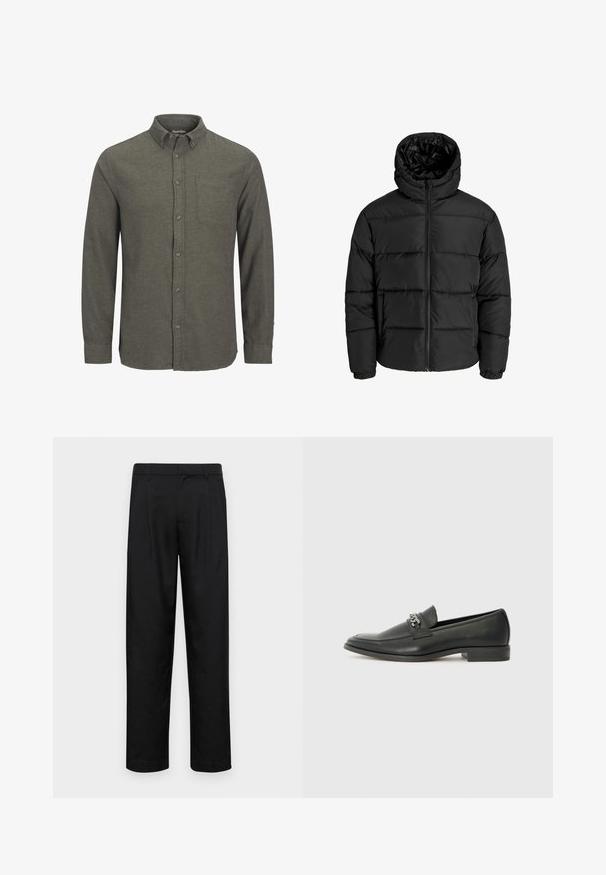 Must mühiga, millel on lukuga eesmine ja kapuuts, ning elastsed mansetid. Valmistatud siledast, ilmastikukindlast materjalist, mis on tikitud disainiga.; Roheline nööbitav särgi, mis on valmistatud tekstureeritud kangast, esitleb teravat kraed, ühte rinna taskut ja pikkade varrukatega nööbiga mansette.; Mustad mustadest riietest, millel on sirge jalgade disain, kaks eesmist voltimist ja tavaline vöökoht, millel on vöökohad.; Must haveate nahkking punased, millel on sile viimistlus, tikitud muster ja dekoratiivne metallkett vampi üle. Tasane konts.