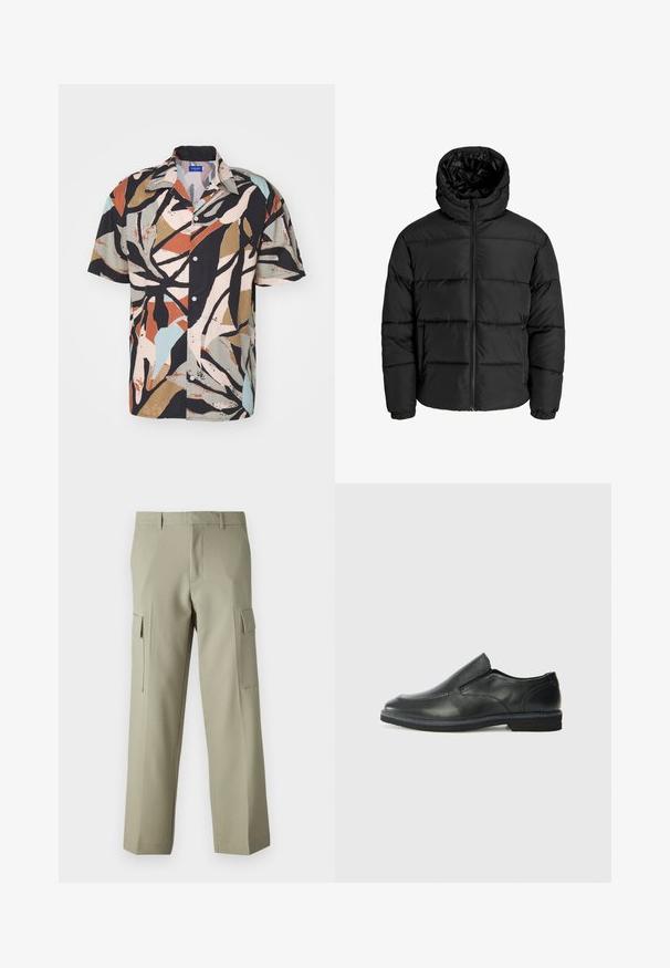 Doudoune noire avec fermeture éclair à l'avant, capuche et poignets élastiques. Fabriquée en matériau lisse et résistant aux intempéries avec un design matelassé.; Chemise à manches courtes avec un motif de feuilles abstraites multicolores sur fond noir, fabriquée en tissu léger avec une coupe décontractée.; Pantalons cargo vert clair au design à jambes droites, dotés de poches latérales et d'une texture de tissu lisse. Vue arrière affichée.; Chaussure slip-on en cuir noir avec une tige lisse, des accents cousus, un bout arrondi et un petit talon en caoutchouc. La semelle présente un profil de traction minimal.
