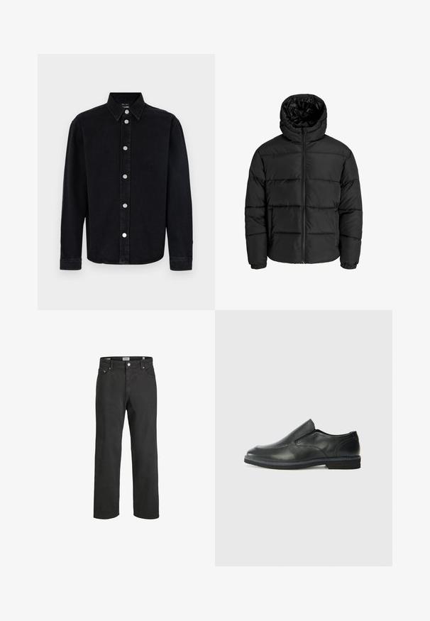 Juodas pūkuotas džemperis su užtrauktuku, kapišonu ir elastinėmis rankovėmis. Pagamintas iš glotnių, oro sąlygoms atsparių medžiagų su siuvinėjimo raštu.; Juodas džinsinis marškinis su ilgomis rankovėmis, mygtukų užsegimu ir sidabrinėmis detalėmis. Turi tiesų kirpimą ir vientisą tekstūrą.; Juodi tiesūs džinsai, pagaminti iš medvilnės, su klasikinio penkių kišenių dizainu, mygtuko uždarymu ir subtiliais siuvinėjimo elementais.; Juodai odiniai įtvirtinimo batai su lygiu paviršiumi, siuvinėjimo akcentais, apvalia nosimi ir žemu guminiu kulnu. Pado raštas minimalus.