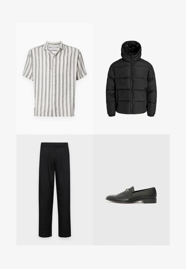 Črna puf jakna z zadrgo spredaj, kapuco in elastičnimi manšetami. Narejena iz gladkega, vremensko odpornega materiala s prešitim dizajnom.; Srajca s kratkimi rokavi v kremni barvi z navpičnimi črnimi črtami. Ima ovratnik in pet gumbov spredaj. Surova tkanina.; Črne hlače iz gladkega materiala, s krojem ravne noge, dvema sprednjima pregiboma in standardnim pasom z zankami za pas.; Črni usnjeni loafer z gladko površino, ki ima šivano zasnovo in dekorativni kovinski verižni naglas preko vampirja. Ravno peto.
