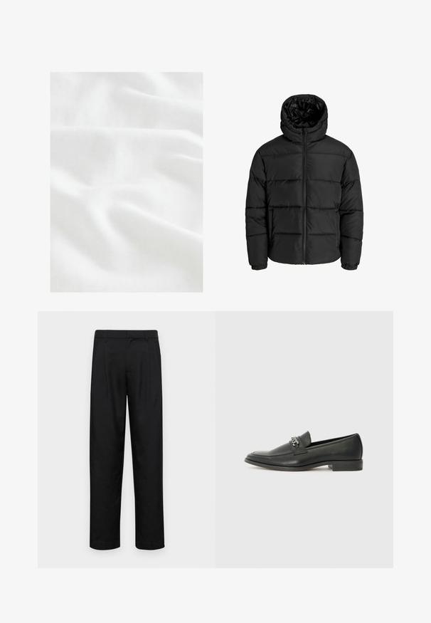 Črna puf jakna z zadrgo spredaj, kapuco in elastičnimi manšetami. Narejena iz gladkega, vremensko odpornega materiala s prešitim dizajnom.; Next CUBAN COLLAR FIT - Srajca - white; Črne hlače iz gladkega materiala, s krojem ravne noge, dvema sprednjima pregiboma in standardnim pasom z zankami za pas.; Črni usnjeni loafer z gladko površino, ki ima šivano zasnovo in dekorativni kovinski verižni naglas preko vampirja. Ravno peto.