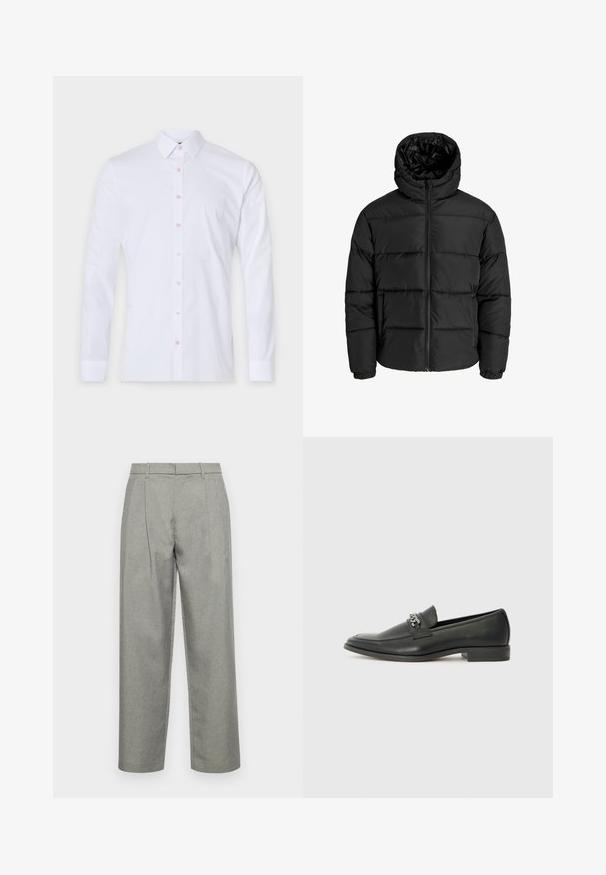 Must mühiga, millel on lukuga eesmine ja kapuuts, ning elastsed mansetid. Valmistatud siledast, ilmastikukindlast materjalist, mis on tikitud disainiga.; Valge pikakäiseline puuvillane särk, millel on nööpidega kaelus, roosad nööpide ja hästi istuv disain. Ilma mustrite ja graafikata.; Hallitatud hallid püksid, mis on valmistatud tekstuuriga kangast, sirge jala disainiga, ees pleekidega ning tavalise vöökohtadega, kus on vöökohad.; Must haveate nahkking punased, millel on sile viimistlus, tikitud muster ja dekoratiivne metallkett vampi üle. Tasane konts.