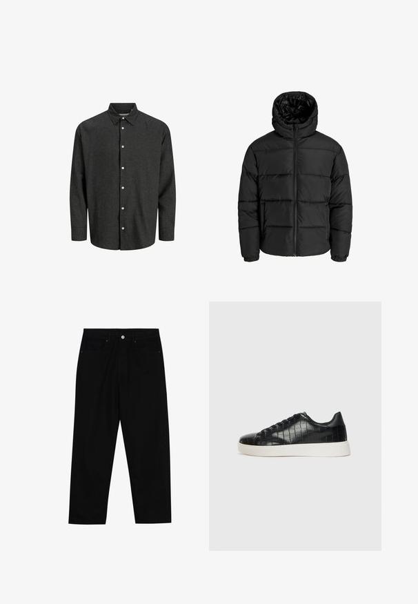 Juodas pūkuotas džemperis su užtrauktuku, kapišonu ir elastinėmis rankovėmis. Pagamintas iš glotnių, oro sąlygoms atsparių medžiagų su siuvinėjimo raštu.; Juoda ir pilka languota mygtukų marškinių su standartiniu apykakle, ilgomis rankovėmis ir baltais mygtukais. Minkšta medžiaga su struktūrizuotu siluetu.; Juoda džinsinė kelnė su tiesiu kirpimu, penkių kišenių dizainu ir priekiniais mygtukais. Lygus paviršius su minimaliu siuvimo detalėmis.; Juodi sportiniai batai su tekstūruotu krokodilo odos pamušalu, apvalia kojų dalimi ir kontrastinga balta guma su lygiu paviršiumi.