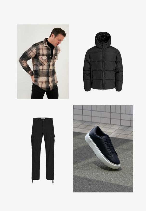 Juodas pūkuotas džemperis su užtrauktuku, kapišonu ir elastinėmis rankovėmis. Pagamintas iš glotnių, oro sąlygoms atsparių medžiagų su siuvinėjimo raštu.; Buratti DOUBLE POCKET - Marškiniai - black; Juodos krovinių kelnės su tiesiu kirpimu, turinčios šonines kišenes, sagų užsegimą ir elastingas raišteles kulkšnose. Pagamintos iš tvirto audinio.; Juodas odinis sportbačius su apvaliu pirštu ir baltu gumuotu padu. Turi plokščias raišteles ir minimalų siuvimą viršuje. Padangos tekstūra užtikrina sukibimą.