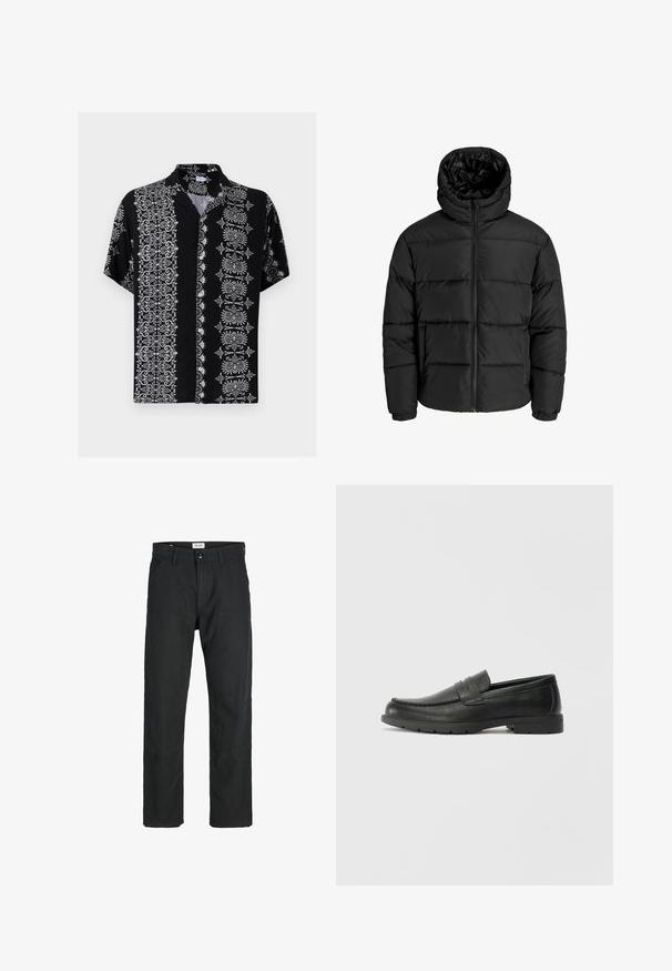 Crna puf jakna s zatvaračem sprijeda, kapuljačom i elastičnim manžetama. Napravljena od glatkog, vremenski otpornog materijala s kvadratnim dizajnom.; Košulja s kratkim rukavima od crnog materijala, s detaljnim bijelim cvjetnim i dekorativnim uzorcima s obje strane i ovratnikom.; Crne hlače od izdržljivog materijala, s ravnim krojem, šivenim detaljima i dva prednja džepa za funkcionalnost.; Crne kožne mokasine s glatkom površinom, gornji dio u stilu mokasina, ojačani šavovi i gumeni potplat. Klasičan dizajn s niskom petom.