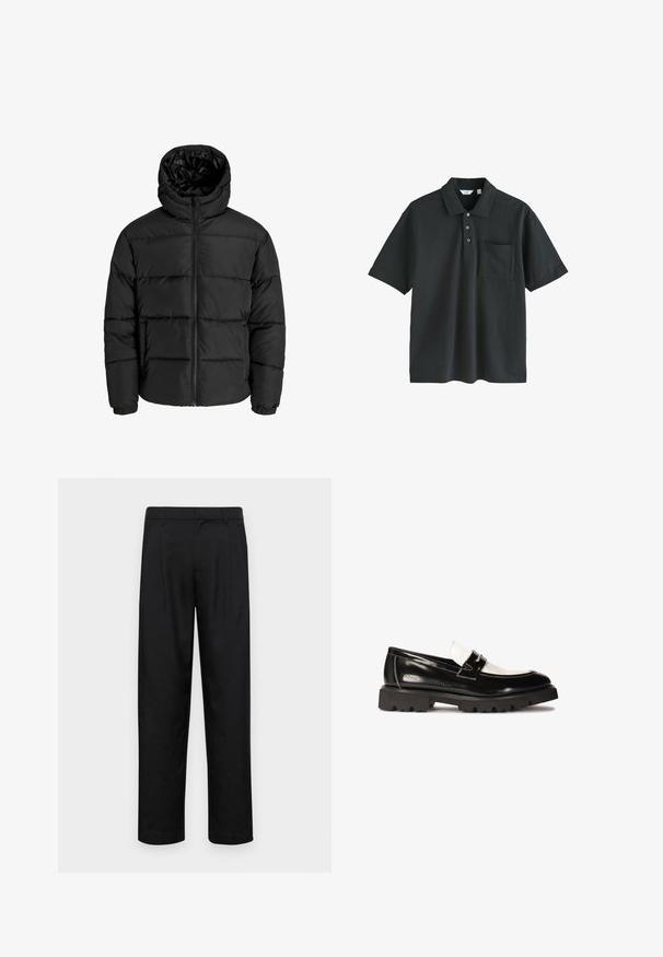 Schwarze Pufferjacke mit Reißverschluss, Kapuze und elastischen Bündchen. Hergestellt aus glattem, wetterbeständigem Material mit gestepptem Design.; Schwarzes Poloshirt aus Baumwolle mit einem Kragen, drei Knöpfen, kurzen Ärmeln und einer Brusttasche.; Schwarze Hose aus glattem Stoff, mit geradem Bein Design, zwei vorderen Falten und einem Standardbund mit Gürtelschlaufen.; Schwarze Lackleder Slipper mit einem weißen Lederakzent, dicker Gummisohle mit schwarzem Profil und gesteppten Details. Glatte Textur mit glänzendem Finish.