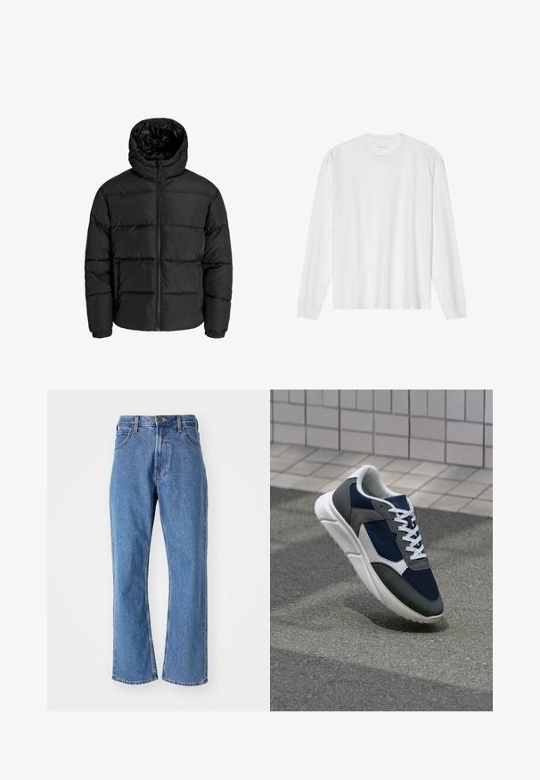 Schwarze Pufferjacke mit Reißverschluss, Kapuze und elastischen Bündchen. Hergestellt aus glattem, wetterbeständigem Material mit gestepptem Design.; Langärmliges weißes Baumwoll-T-Shirt mit Rundhalsausschnitt und gerippten Bündchen. Einfaches, ungeschmücktes Design mit glatter Textur und normaler Passform.; Blaue hochtaillierte gerade Jeans mit Fronttaschen, Gürtelschlaufen und einem Knopfverschluss auf einem weißen Hintergrund.; Sneaker mit einem Obermaterial aus navyblauem Mesh, grauen Wildlederelementen, einer weißen Gummisohle und flachen weißen Schnürsenkeln, entworfen für Komfort und Atmungsaktivität.