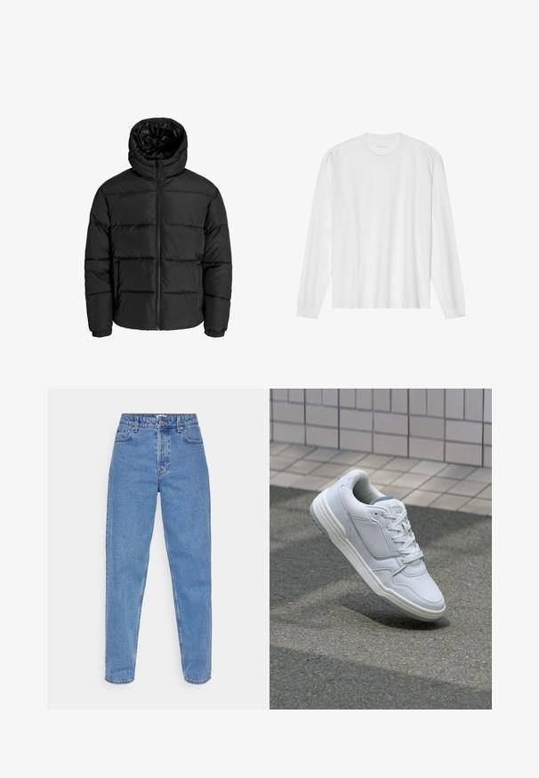Czarna kurtka puchowa z zamkiem błyskawicznym z przodu, kapturem i elastycznymi mankietami. Wykonana z gładkiego, odpornego na warunki atmosferyczne materiału z pikowanym wzorem.; Biała bawełniana koszulka z długim rękawem z okrągłym dekoltem i ściągaczami. Prosty, nieozdobny design, charakteryzujący się gładką fakturą i standardowym krojem.; Jasnoniebieskie dżinsy, wysokoosadzone, o prostym kroju nogawki, z pięcioma kieszeniami oraz klasycznym zapięciem na guzik i zamek błyskawiczny.; Białe skórzane trampki z perforowanymi bokami, teksturowanymi akcentami, płaskimi sznurowadłami i kontrastującym szarym obcasem. Posiadają lekko podniesioną podeszwę.