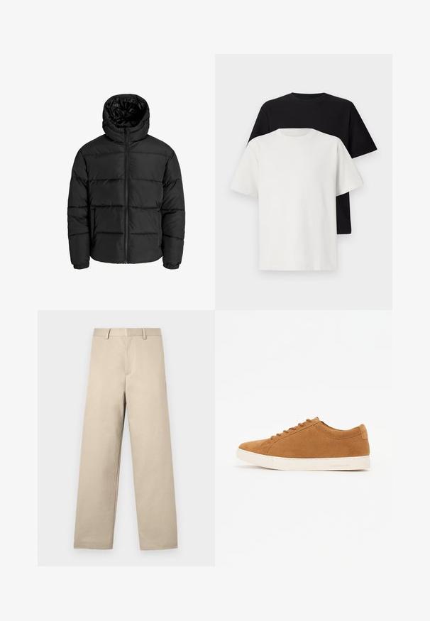 Čierna nadýchaná bunda s predným zipsom, kapucňou a elastickými manžetami. Vyrobená z hladkého, poveternostným podmienkam odolného materiálu s prešívaným dizajnom.; Bavlnená súprava tričiek, ktorá obsahuje čierne tričko a biele tričko, obe s krátkymi rukávmi, okrúhlym výstrihom a štandardným strihom. Textúrovaná látka.; Béžové nohavice so rovnými nohavicami, s plochým predným dielom, dvoma bočnými vreckami a zipsovým zapínaním. Vyrobené z hladkej bavlnenej tkaniny.; Hnedé semišové tenisky s nízkym dizajnom, bielou gumovou podrážkou a okrúhlou špičkou. Obsahuje zladené šnúrky a minimálne značenie na päte.