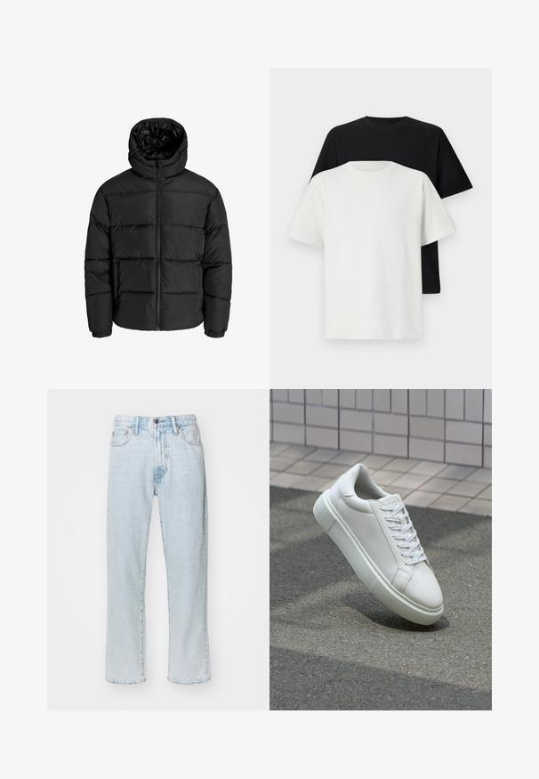 Doudoune noire avec fermeture éclair à l'avant, capuche et poignets élastiques. Fabriquée en matériau lisse et résistant aux intempéries avec un design matelassé.; Ensemble de t-shirts en coton comprenant un haut noir et un haut blanc, tous deux à manches courtes, avec un col rond et une coupe standard. Tissu texturé.; Jean droit bleu clair en denim, doté de cinq poches, d'une fermeture éclair avec bouton et d'un léger dégradé sur le tissu.; Baskets en cuir blanc avec une surface lisse, bout rond et lacets plats blancs. Présentent une semelle en caoutchouc texturée et des éléments de design minimalistes.