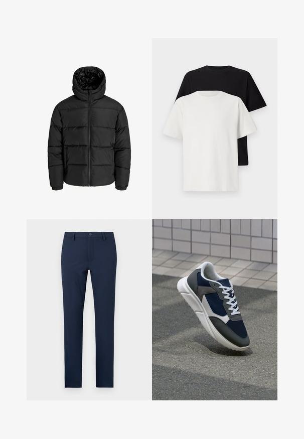 Giubbotto imbottito nero con zip frontale, cappuccio e polsini elastici. Realizzato in materiale liscio e resistente alle intemperie con un design trapuntato.; Set di t-shirt in cotone composto da una maglietta nera e una bianca, entrambe con maniche corte, scollatura rotonda e vestibilità standard. Tessuto testurizzato.; Pantaloni blu marina realizzati in un tessuto morbido, dotati di chiusura con bottone, tasche frontali e una vestibilità su misura con gamba dritta.; Sneaker con tomaia in rete blu navy, inserti in suede grigio, suola in gomma bianca e lacci bianchi piatti, progettata per comfort e traspirabilità.