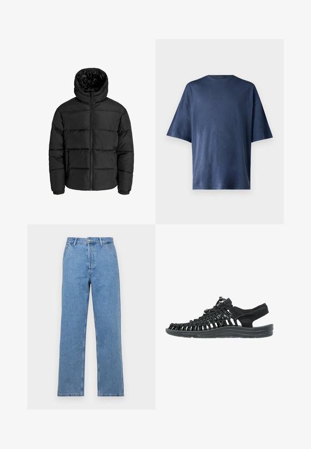 Sort foret jakke med lynlås foran, hætte og elastiske manchetter. Lavet af glat, vejrbestandigt materiale med en quiltet design.; Marineblå kortærmet T-shirt, lavet af blødt stof, har en klassisk rund hals og løs pasform, uden synlige mønstre eller accenter.; Lysblå denim straight-leg jeans med et klassisk femlomme-design, der har frontknaplukning og bæltestropper. Glat tekstur.; Sort sandal med vævet syntetisk overdel, justerbar snørrelukning og polstret sål. Har åbent design for åndbarhed.