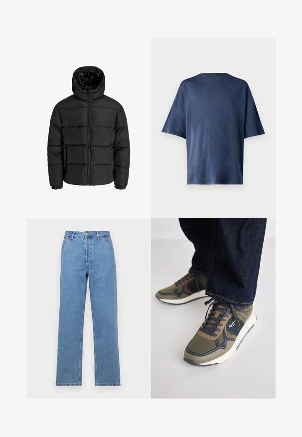 Juodas pūkuotas džemperis su užtrauktuku, kapišonu ir elastinėmis rankovėmis. Pagamintas iš glotnių, oro sąlygoms atsparių medžiagų su siuvinėjimo raštu.; Tamsiai mėlynas trumpomis rankovėmis marškinėliai, pagaminti iš minkštos medžiagos, pasižymi klasikinio apvalaus kaklo ir laisvo kirpimo, be matomų raštų ar akcentų.; Šviesiai mėlyni džinsai tiesia kojelė su klasikinio penkių kišenių dizainu, su priekiniu mygtuko užsegimu ir diržo kilpelėmis. Lygus paviršius.; Vyrų sportiniai bateliai alyvuogių žaliai ir juodi, pagaminti iš tinklinės ir zomšinės medžiagos, su raišteliais, ir su paminkštintu baltu padu su raudonais akcentais.