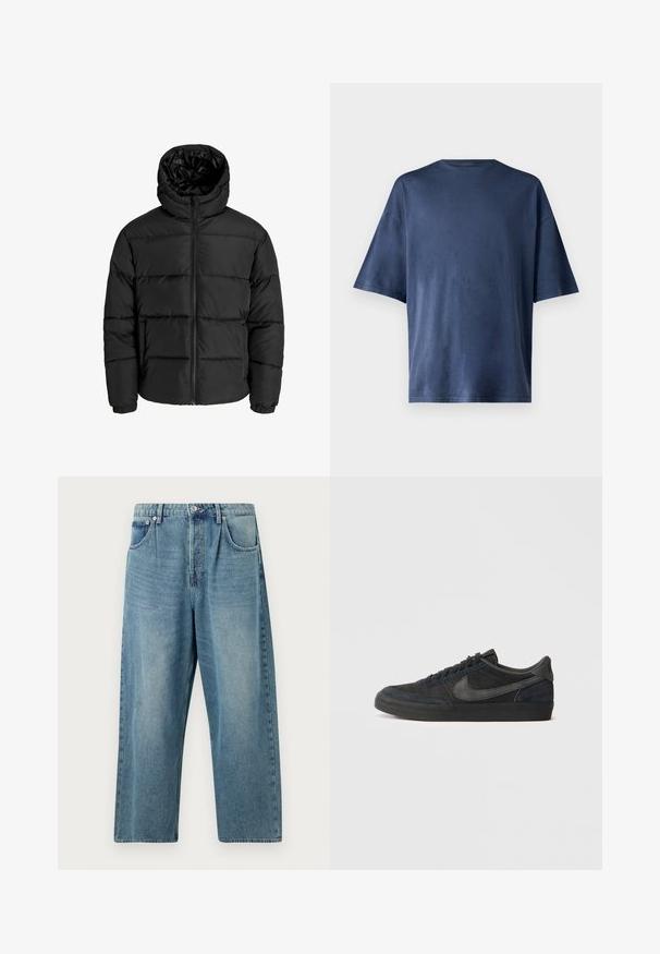 Fekete puffernadrág cipzárral, kapucnival és elasztikus mandzsettával. Simább, időjárásálló anyagból készült, steppelt kialakítással.; Tengerészkék, rövid ujjú póló, puha anyagból készült, klasszikus kerek nyakkal és laza szabással, látható minták vagy díszítések nélkül.; Világoskék farmernadrág egyenes szárú kivitelben, gombos derékkal, két elülső zsebbel és klasszikus, kopottas hatású textúrával.; Fekete velúr sportcipők alacsony profillal, gumi talppal, strukturált oldalsó panelek és azonos színű Nike logóval. Fűzős elülső rész, párnázott nyak.