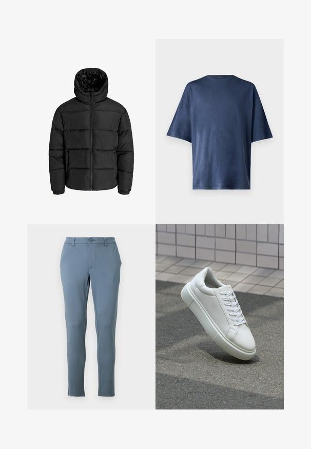Juodas pūkuotas džemperis su užtrauktuku, kapišonu ir elastinėmis rankovėmis. Pagamintas iš glotnių, oro sąlygoms atsparių medžiagų su siuvinėjimo raštu.; Tamsiai mėlynas trumpomis rankovėmis marškinėliai, pagaminti iš minkštos medžiagos, pasižymi klasikinio apvalaus kaklo ir laisvo kirpimo, be matomų raštų ar akcentų.; Šviesiai mėlynos prigludusios kelnės, pagamintos iš minkštos medžiagos, pasižyminčios lygiu paviršiumi, priekyje esančia mygtukų uždarymo sistema ir prisiūtų siūlių detalių šoninėse dalyse.; Balti odiniai sportbačiai su lygiu paviršiumi, apvalia nosimi ir plokščiomis baltomis raištelėmis. Yra tekstūruotas gumos padas ir minimalizmas dizaino elementuose.