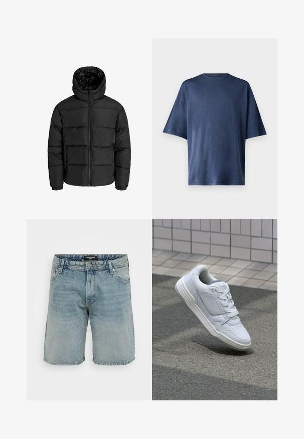 Juodas pūkuotas džemperis su užtrauktuku, kapišonu ir elastinėmis rankovėmis. Pagamintas iš glotnių, oro sąlygoms atsparių medžiagų su siuvinėjimo raštu.; Tamsiai mėlynas trumpomis rankovėmis marškinėliai, pagaminti iš minkštos medžiagos, pasižymi klasikinio apvalaus kaklo ir laisvo kirpimo, be matomų raštų ar akcentų.; Šviesiai mėlyni džinsiniai šortai su laisvu siluetu, klasikinio penkių kišenių dizainu ir sagos bei užtrauktuko uždarymu priekyje.; Baltos odinės sportinės bateliai su perforuotais šonais, tekstūruotais akcentais, plokščiomis raištelėmis ir kontrastingu pilku kulnu. Yra šiek tiek pakelti padas.